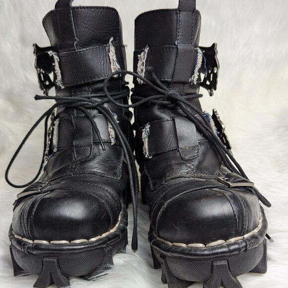 Boseton Men's Leather Moto Biker Boots Black Lace up Burning Man grunge - Picture 3 of 16